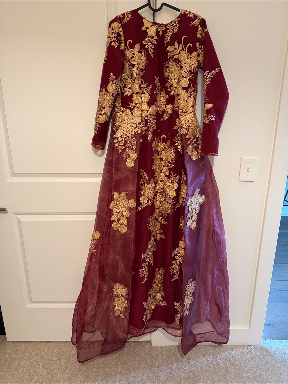 Burgundy Maxi Gown with Gold Floral Embroidery